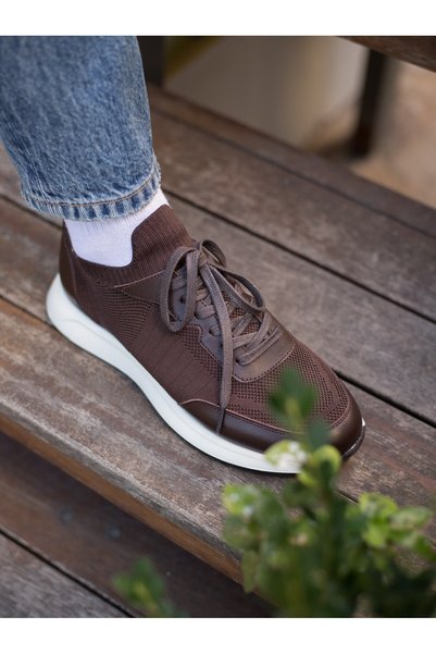 TETRİ Paul Model Genuine Leather Handmade Brown Knitwear Sneaker Shoes