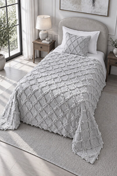 desenizmir Bohemian Gray Single Bedspread and Pillowcase Set