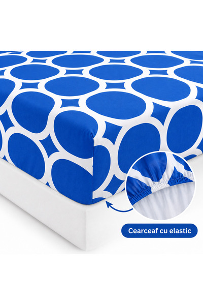 yoyo Lenjerie de pat din finet, 4 piese, cearceaf cu elastic 200 x 230 cm, husa pilota cu fermoar 180 x 230 cm, 2 fete de perna 50 x 70 cm, model geometric, albastru