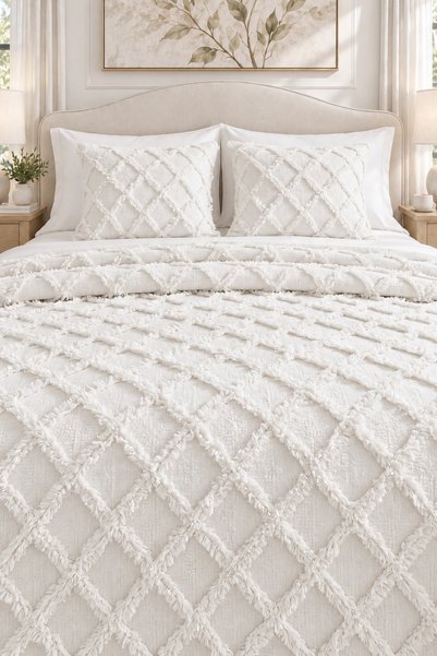desenizmir Bohemian White Double Bedspread and Pillowcase Set