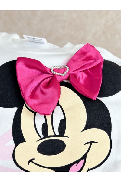 moda rüyası Girl's Minnie Mouse Printed White T-Shirt and Pink Bow Leggings 2...