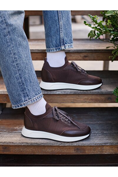TETRİ Paul Model Genuine Leather Handmade Brown Knitwear Sneaker Shoes