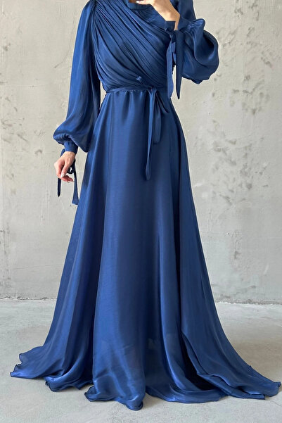 LEYUZE BUTİK Drapeli Kuşak Detaylı Janjan Kumaş Tesettür Abiye