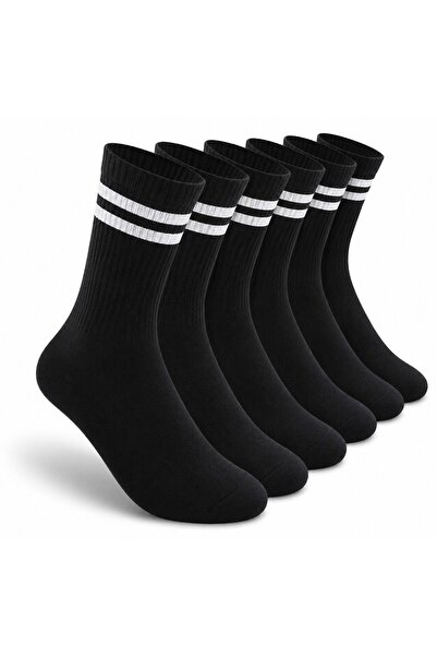 MOTTO SOCKS Unisex (Siyah)Beyaz Çizgili Spor Çorap 6 Çift Pamuklu Tenis Kolej...