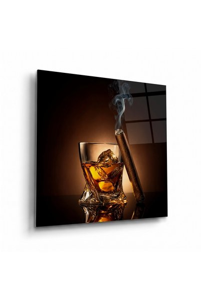 Kanva Dumanlı Viski ve Puro Temalı Cam Duvar Tablosu Cam Tablo Salon Ofis Duv...