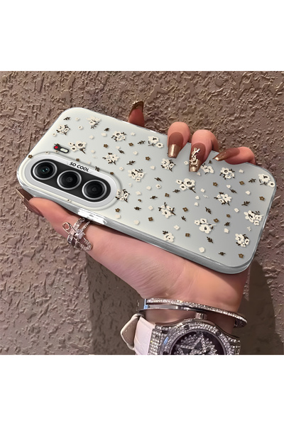 SLIMFELT Tecno Camon 40 Pro 5G Uyumlu Retro Kahverengi Beyaz Çiçek Baskılı Kı...