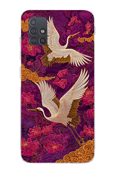 Lotus Gold Samsung Galaxy M51 Uyumlu Turna Kuşları Desenli Şeffaf Telefon Kılıfı