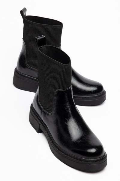 Generic Brand Cizme de damă confortabile, negre, lucioase, din piele lacuită,...
