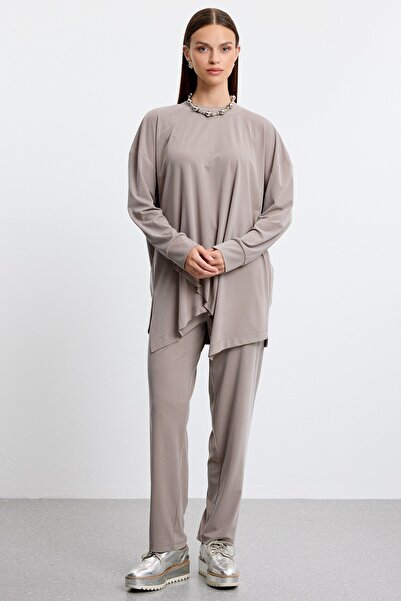 Tığ Triko Asymmetrical Tunic Trouser Suit Vi̇zon
