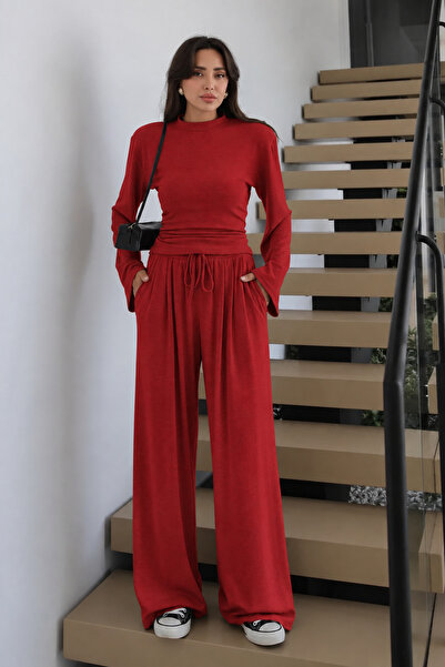 My Blog Red Back-Tie Padded Blouse and Trousers Set - 5165