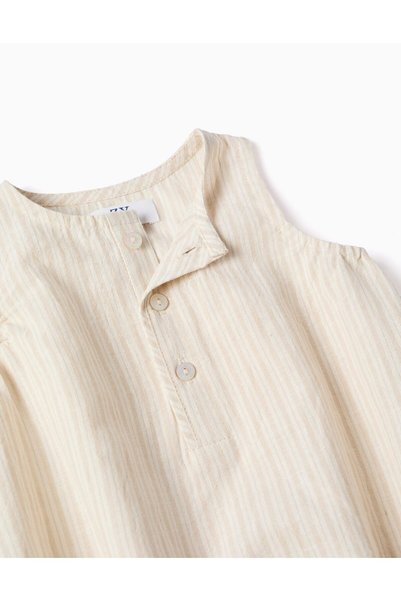 Ziddy Cotton And Linen Romper With Stripes For Newborns, Beige/White