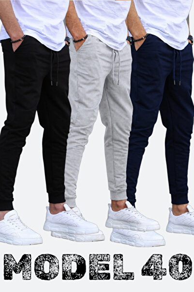 TORUK MAKTO Set of 3 Unisex Ribbed Sweatpants Regular Black Gray Navy Blue Co...