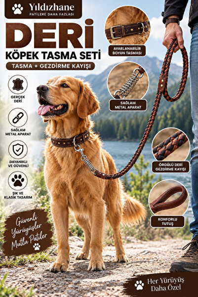 Yıldızhane Örgülü Deri Köpek Boyun Tasması Kahverengi Ayarlanabilir Şık ve Dayanıklı Köpek Tasması
