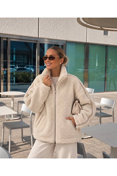 ON6STORE16 Kadın Ekru Peluş Teddy Ceket Kapüşonlu Fermuarlı Oversize Cepli Kı...