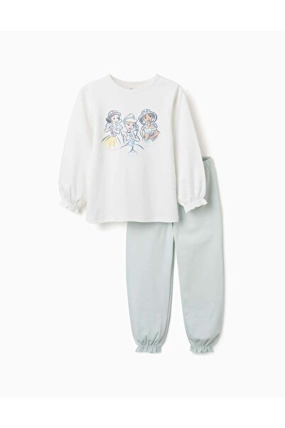 Ziddy Long Cotton Pyjamas With Disney Princesses For Girls, White/Light Green