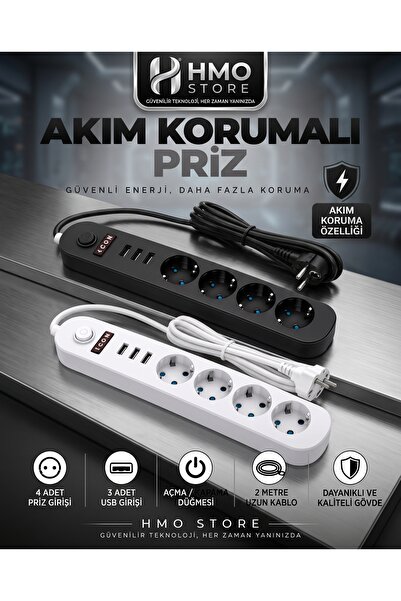 HMO Store 4 Priz + 3 USB Çıkışlı, Akım Korumalı Priz - 2 Metre Kablolu, Anaht...