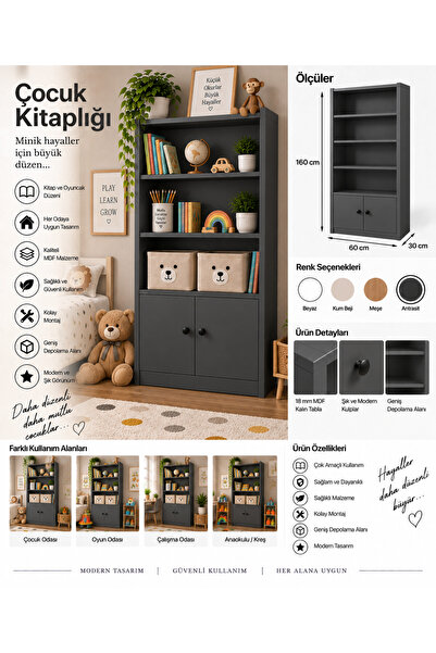 Çocuk Kitaplığı 60x160x30 cm 5 Raflı 2 Kapaklı Çocuk Odası Kitaplık