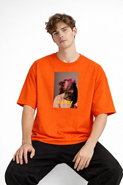 Zerenyus Blurry Baskılı - Premium Kumaş Oversize Erkek Tişört Turuncu