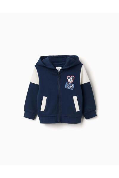 Ziddy Brushed Hooded Jacket With Mickey Prints For Babies And Boys, Navy Blue