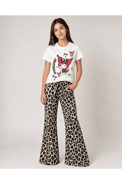 moda rüyası Kız Çocuk Leopar Desenli İspanyol Paça Pantolon ve Baskılı Tişört...