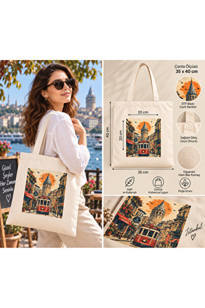 Radixray Tote Bag Ham Bez Pamuklu Desenli 35x40 cm