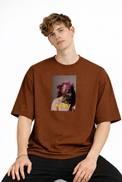Zerenyus Blurry Baskılı - Premium Kumaş Oversize Erkek Tişört Kahve