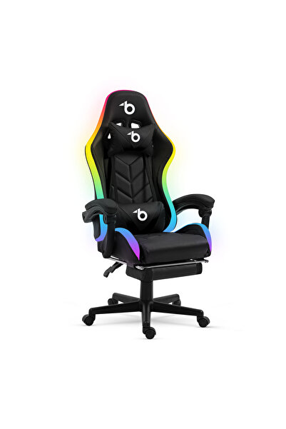 Bemada Scaun gaming RGB LED cu perne si cotiere, reglabil, negru, iluminare c...