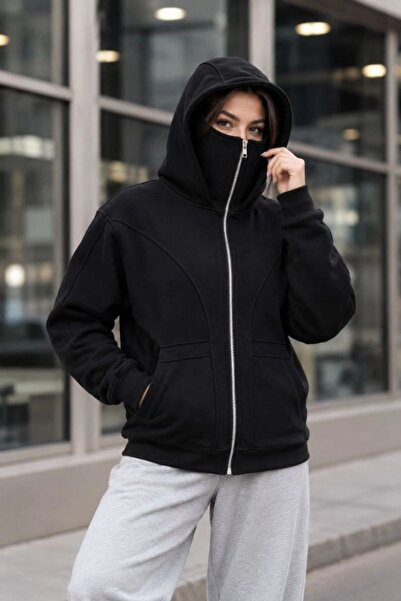 VELİZADE Kadın Siyah Samuray Ninja Çift Kapüşonlu Maske Detaylı 3 İplik Hoodie