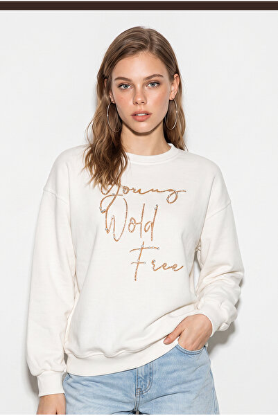 Bianco Lucci Kadın Beyaz Taşlı Yazı Detaylı Oversize Üç İplik Sweatshirt 1006 60286478
