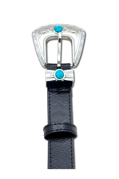 DERİMAY Women's Cool, Authentic Turquoise Stone Black Shiny Leather Nickel 3-...