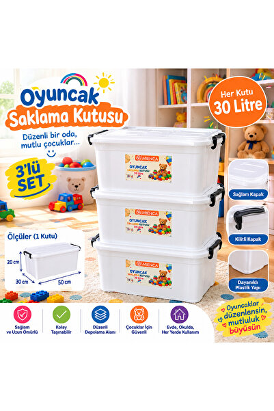 KAPLANBABA Mienca 3'lü Set 30 Litre Oyuncak Saklama Kutusu Büyük Plastik Düze...