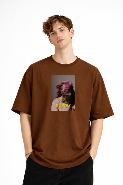 Zerenyus Blurry Baskılı - Premium Kumaş Oversize Erkek Tişört Kahve