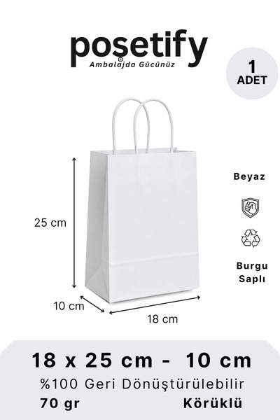 POŞETİFY Beyaz Kağıt Çanta 18x25x10 cm | 1 Adet | Burgu Saplı Körüklü Alışver...
