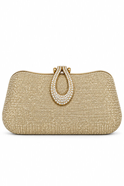 GNC DESİGN Gold Simli Kumaş Taş Aksesuar Detaylı Zincir Askılı Clutch Çanta Düğün Davet ve Gece Çantası