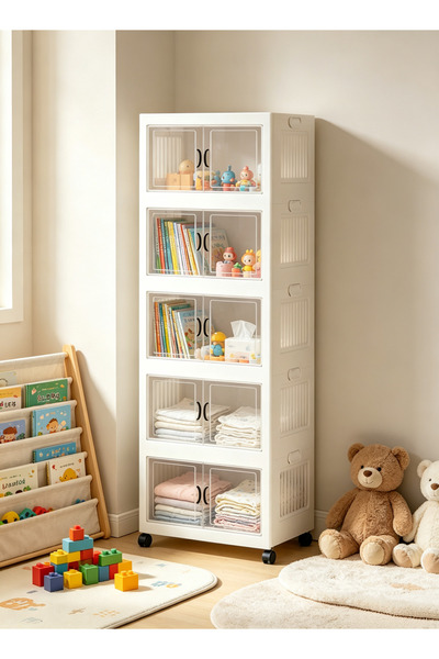 Generic 2 3 4 5 Tier Stackable Storage Cabinet with Wheels, White Plastic Fol...