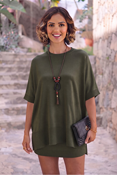 Nevin Kaya Moda Χακί Υπερμεγέθης Πλεκτή Μπλούζα