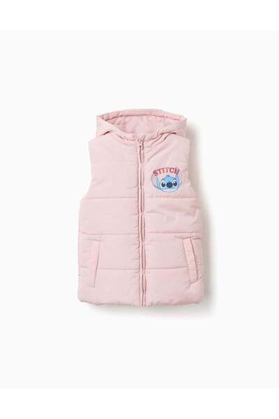 Ziddy Hooded Puffer Vest With Stitch Prints For Girls, Light Pink