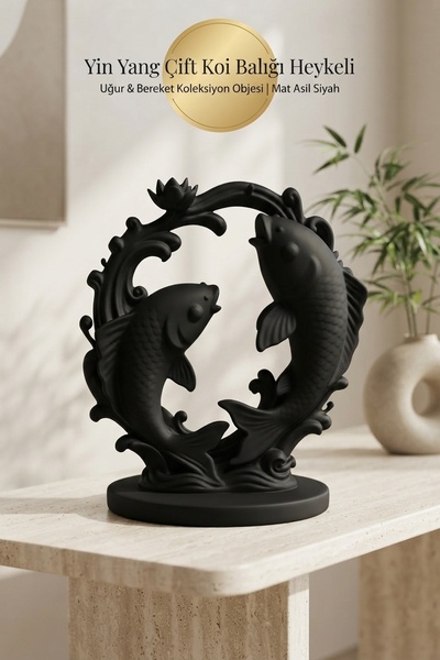 Jüjü Design Yin Yang Çift Koi Balığı ve Nilüfer Çiçeği Dekoratif Heykel 23 cm
