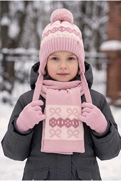 Aware Time Kitti 4-8 Years Old Girls' Lined Scarf, Beanie, Gloves 3-Piece Set