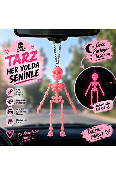 3D Tasarım Süsleri - ARABA İSKELET DİKİZ AYNA SÜSÜ PEMBE GECE PARLAYAN (ZİNCİR HARİÇ 15 CM)