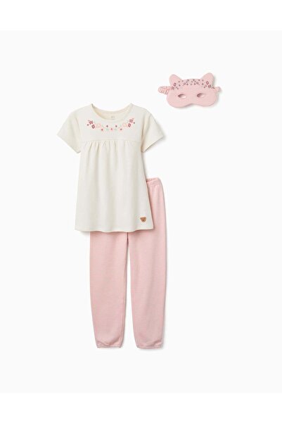 Ziddy Short Sleeve Cotton Pyjamas With Mask For Girls, White/Pink