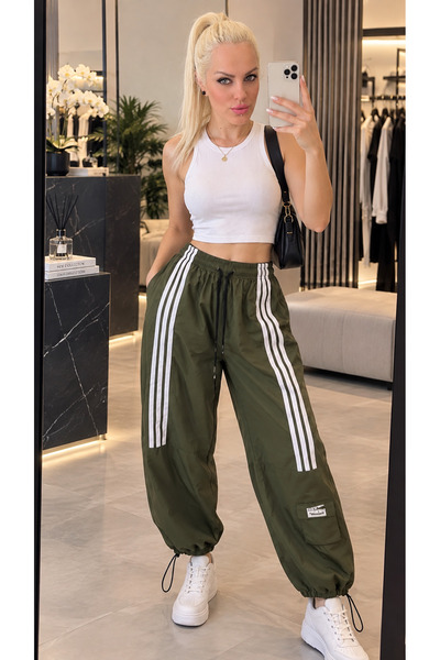 Generic Brand Women's Khaki Stripe Detailed Parachute Jogger Pants