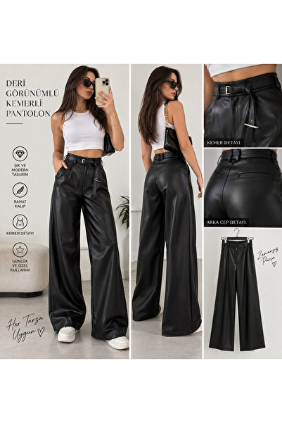Ravello Collection Kadın Siyah Kemerli Yüksek Bel Geniş Paça Suni Deri Pantolon