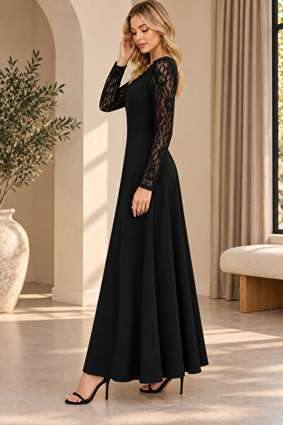 Modayakamoz Timeless Elegance - Women's Long Sleeve Lace Sleeve Detailed V-Neck Long Crepe Dress
