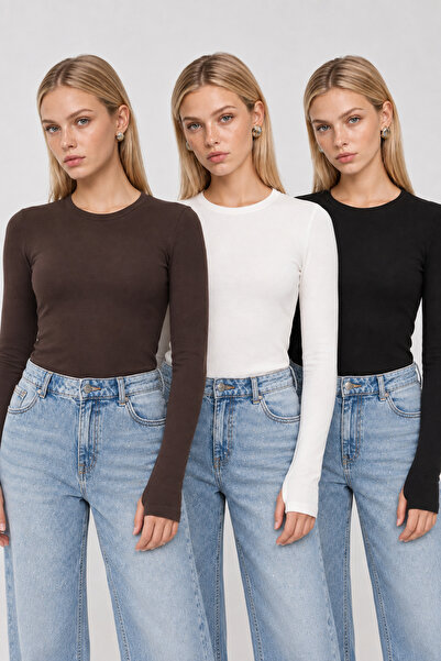 Lovelyİstanbul 3'lü Paket Bisiklet Yaka Basic Örme Bluz LCR0012 SİYAH KAHVERE...