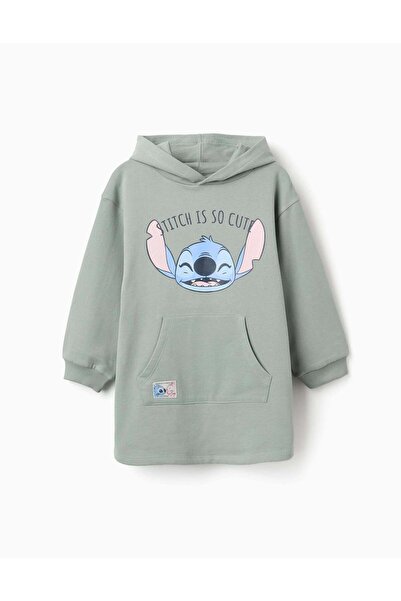 Ziddy Brushed Hooded Dress With Stitch Print For Girls, Light Green