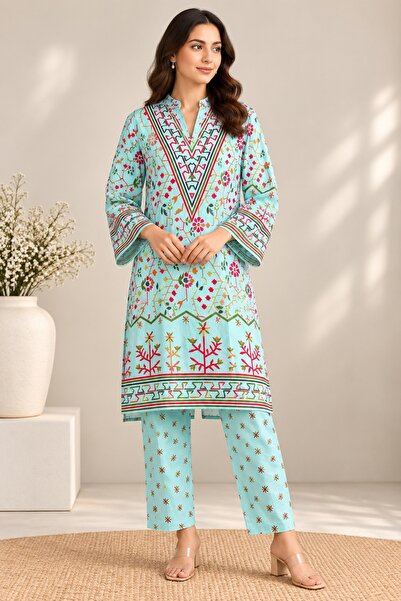 Devoiler Women’s Aqua Blue Multicolor Floral Print 2-Piece Co-Ord Set with St...
