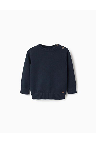 Ziddy Knitted Jumper With Buttons On The Shoulder For Baby Boys, Navy Blue