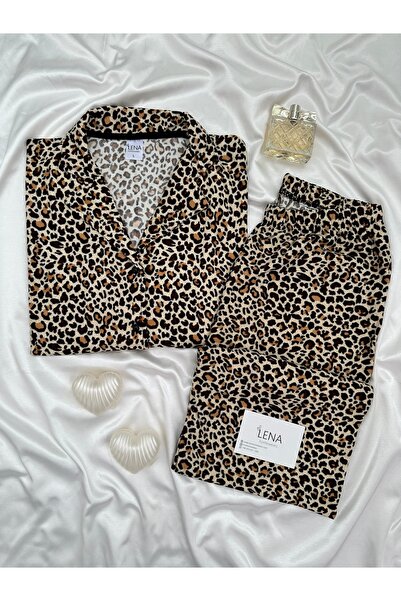 Lena Homewears Women's Leopard Patterned Buttoned Long Sleeve Thermosoft Paja...