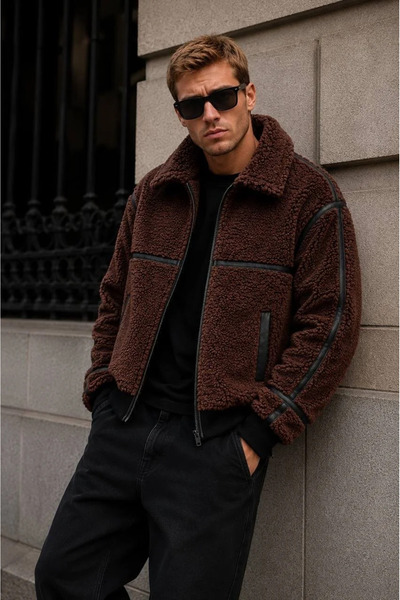 MADZEYMODA Erkek Deri Biyeli Kahve Peluş Mont LS-86074